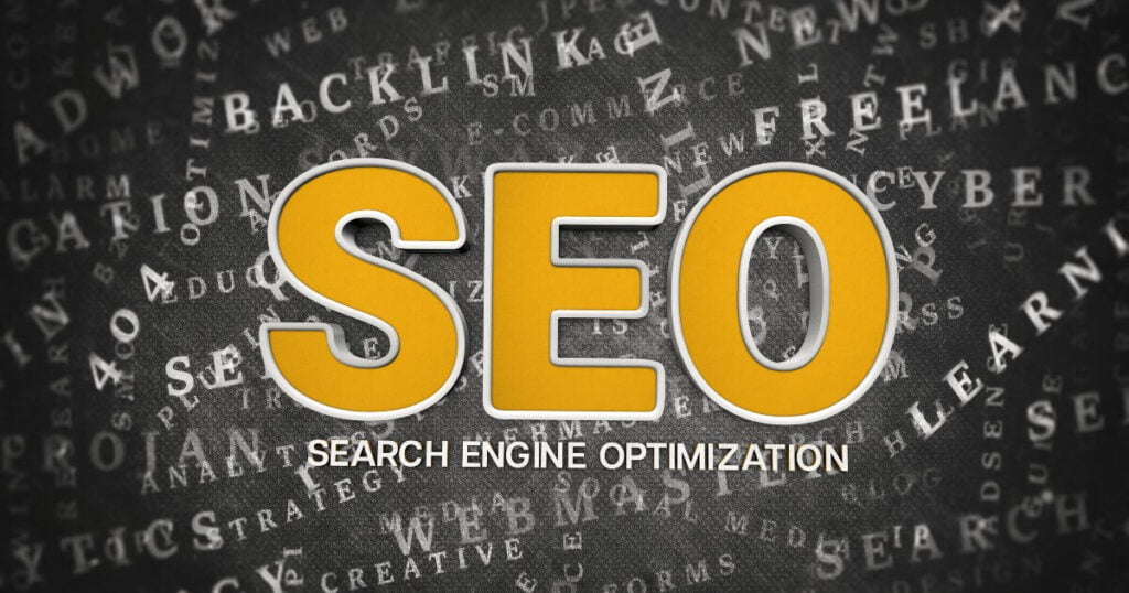 seo wordcloud with yellow letters