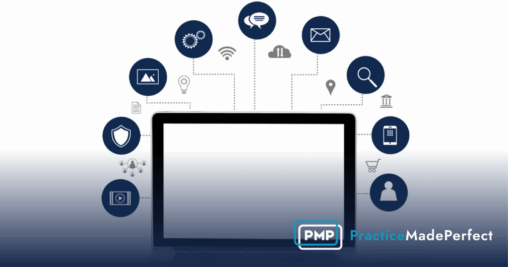 picture of laptop with icons around