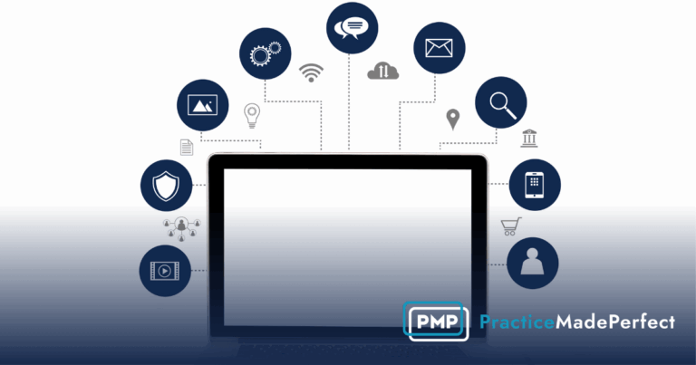 picture of laptop with icons around