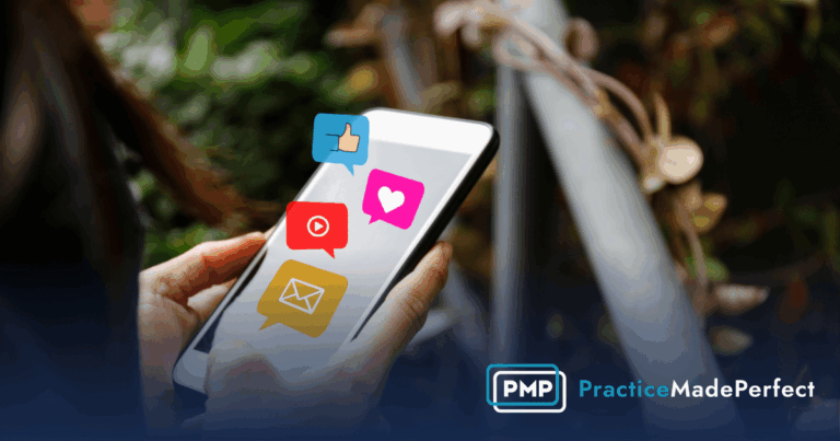 Person on phone looking at social media icons with PMP branding over it