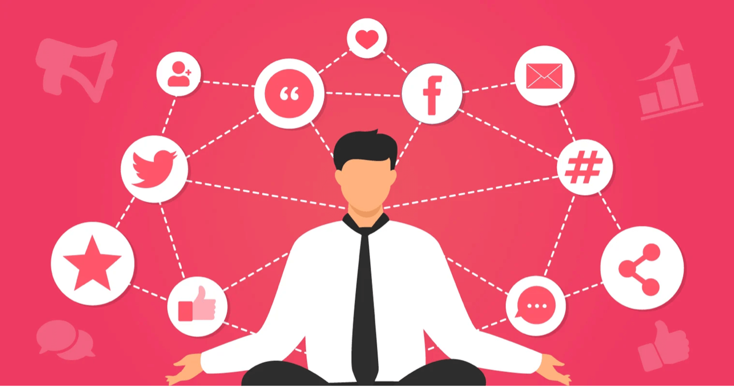Person meditating with social media logos around him
