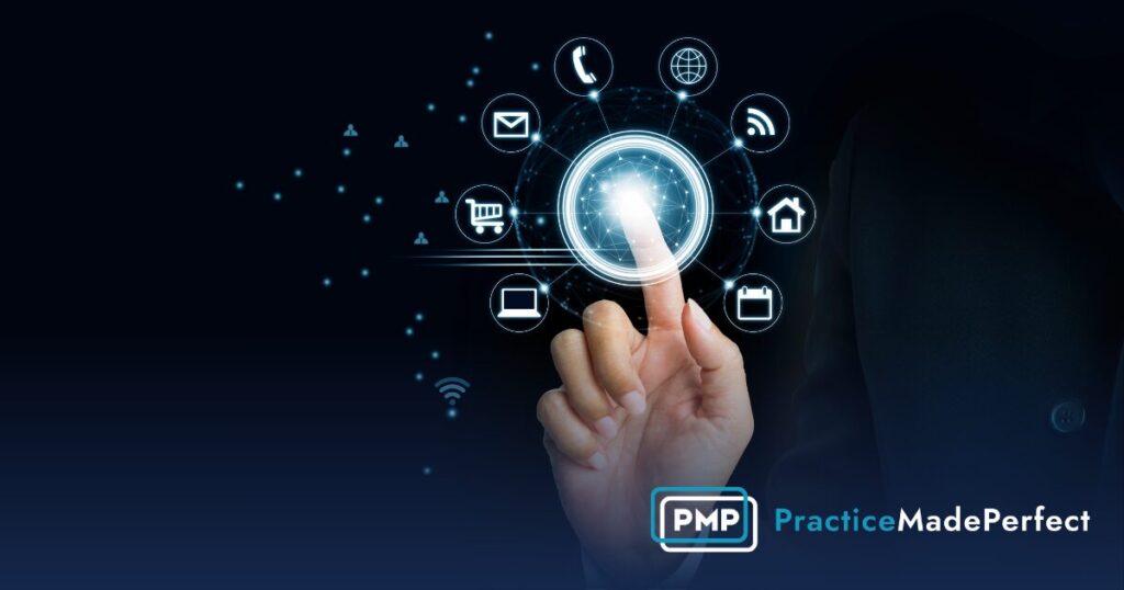 finger pointing to icon that has digital marketing icons around it