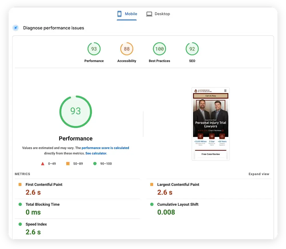 Page Speed Insight on the firm, Anderson Cummings, website