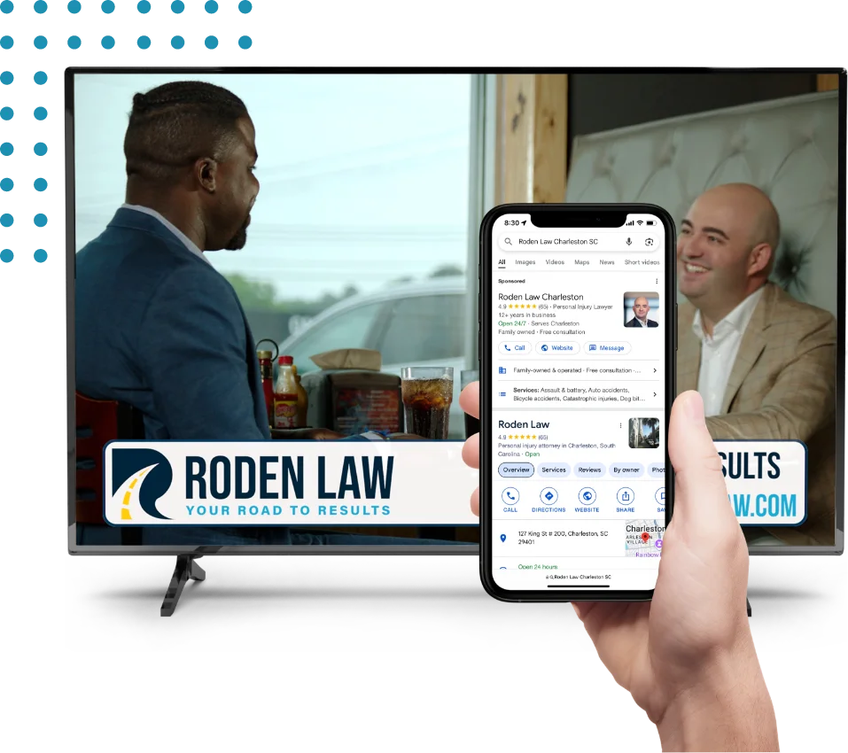 oden Law TV spot with phone displaying search