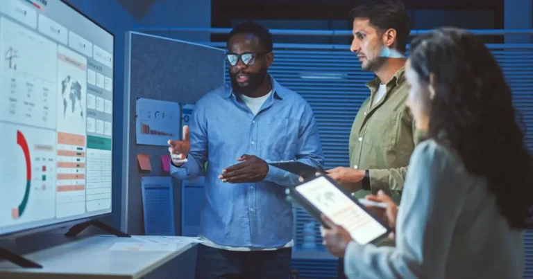 professionals viewing presentation of business analytics